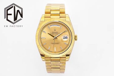 EW Factory Rolex Daydate 40mm 3255 Movement YG Face Baguette Markers Yellow Gold President Band Watch